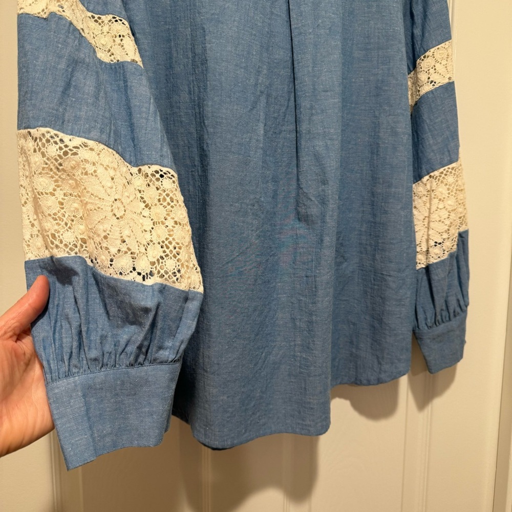 NWT Johnny Was $310 Thalassa Pieced Button Down Chambray Top Blouse Shirt Size S - Picture 9 of 16